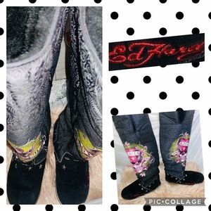 Vintage Ed Hardy By Christian Audigier Knee High Suede Boots Love Kills size 10